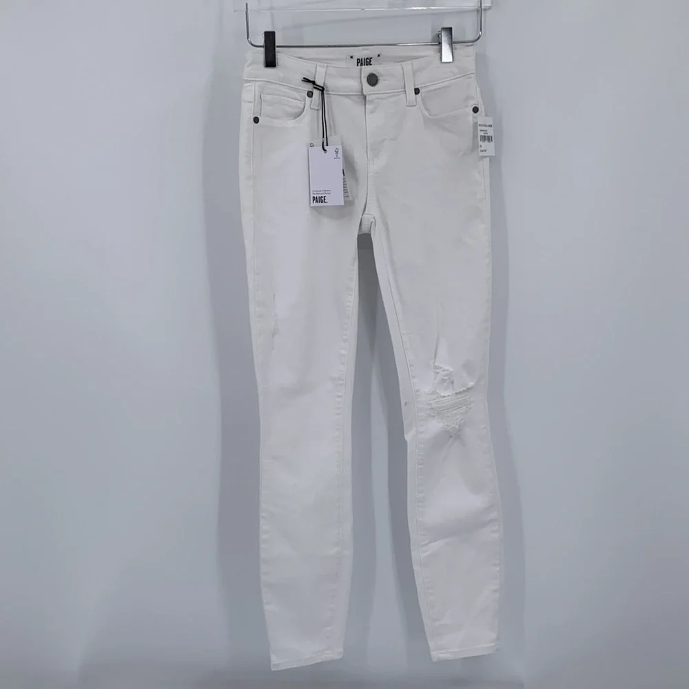 Paige Verdugo cropped ankle jeans white skinny lower rise distress stain new 25